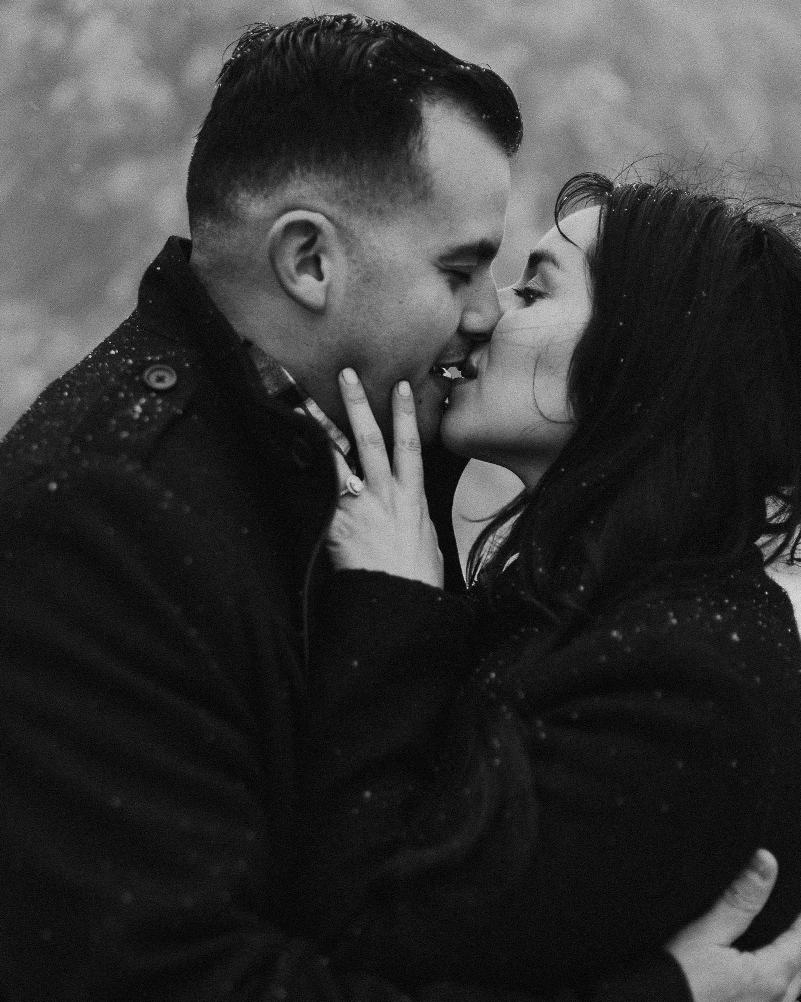 black and white snowy engagement session at Palomar Mountain, San Diego County wedding photographer