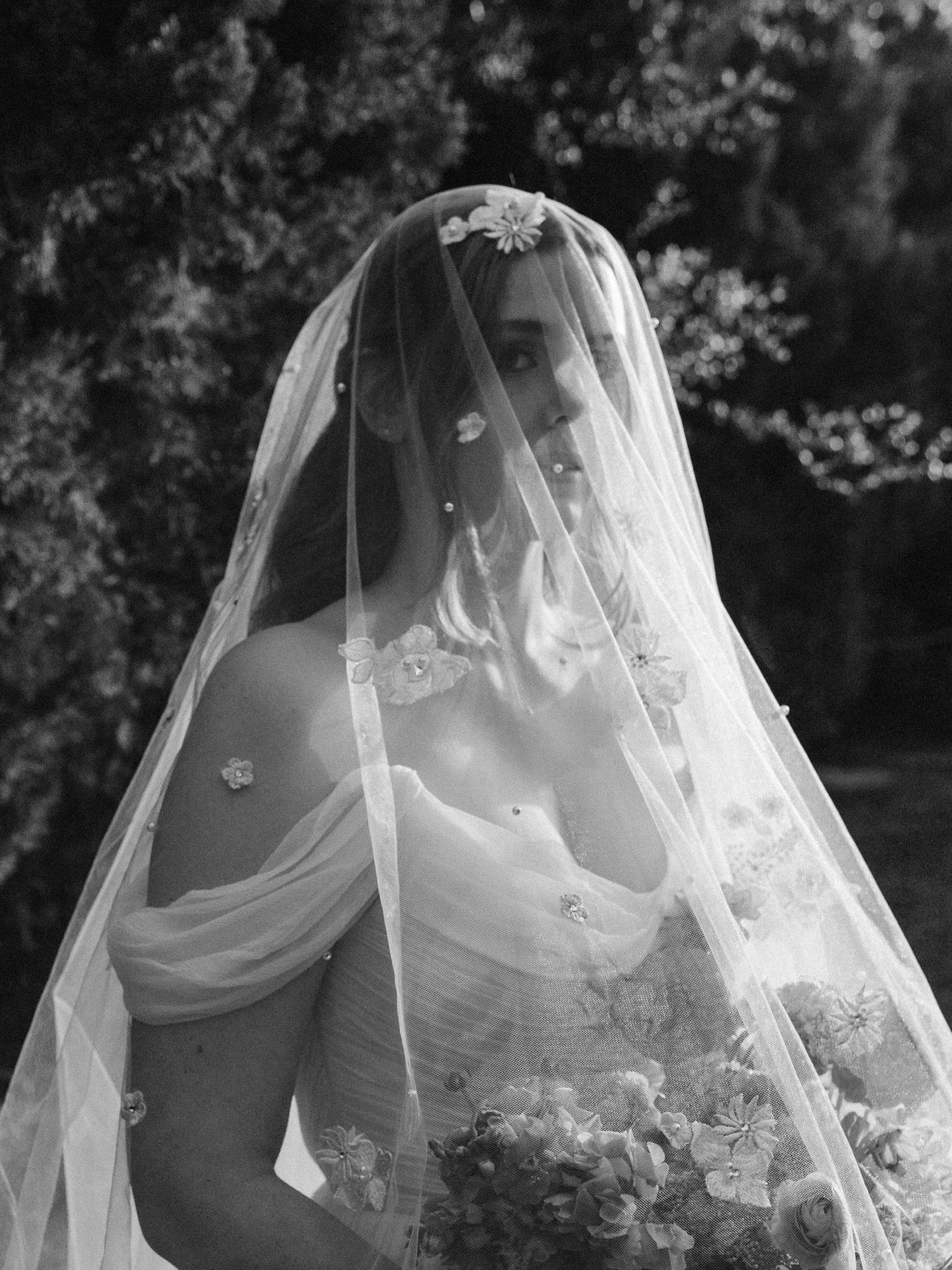bride in floral veil at Willow Creek Events wedding venue, Valley Center, San Diego