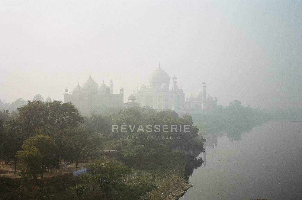 taj mahal behind morning fog seen from across the yamuna river, 35mm film photography