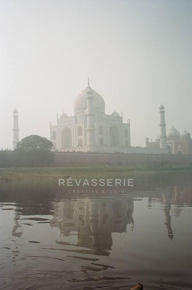 taj mahal reflected in the yamuna river at dawn, 35mm film photography india